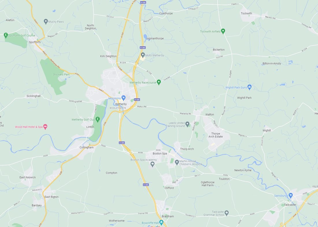 Map of the area we cover for home visits, centred on Boston Spa and Wetherby